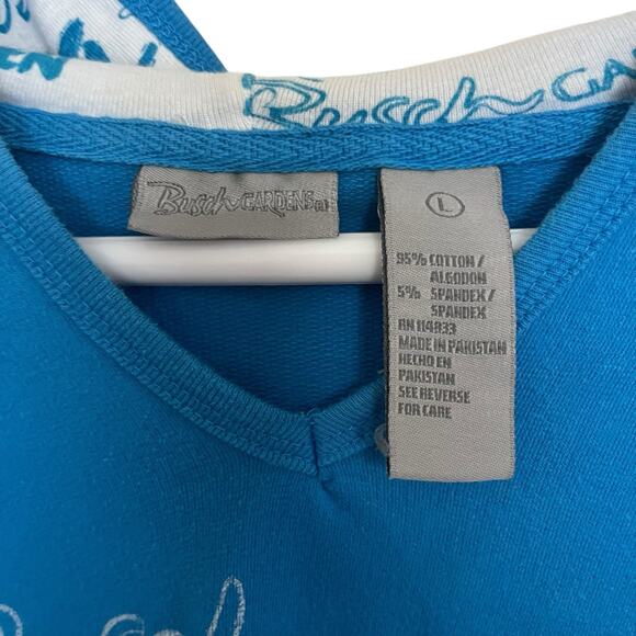 Busch Gardens | Blue Crop Raw Hem Y2K Spellout Hoodie Women’s Large - Picture 3 of 5